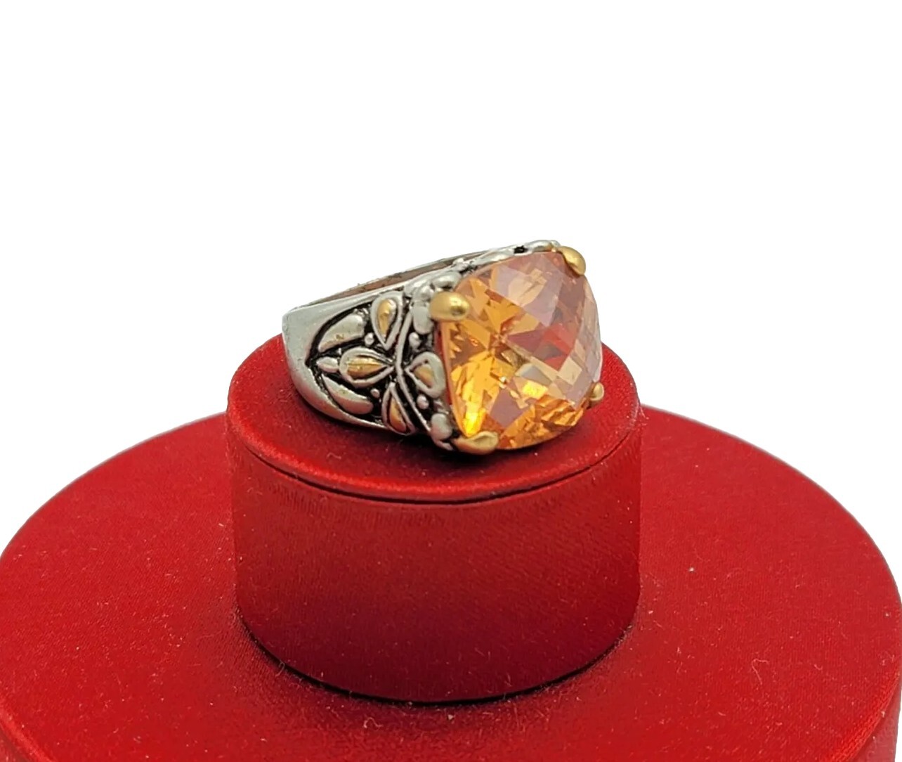 Vtg Sz 6 Ring Lg Citrine Topaz Cubic Zirconia Flower Medieval Fashion Jewelry