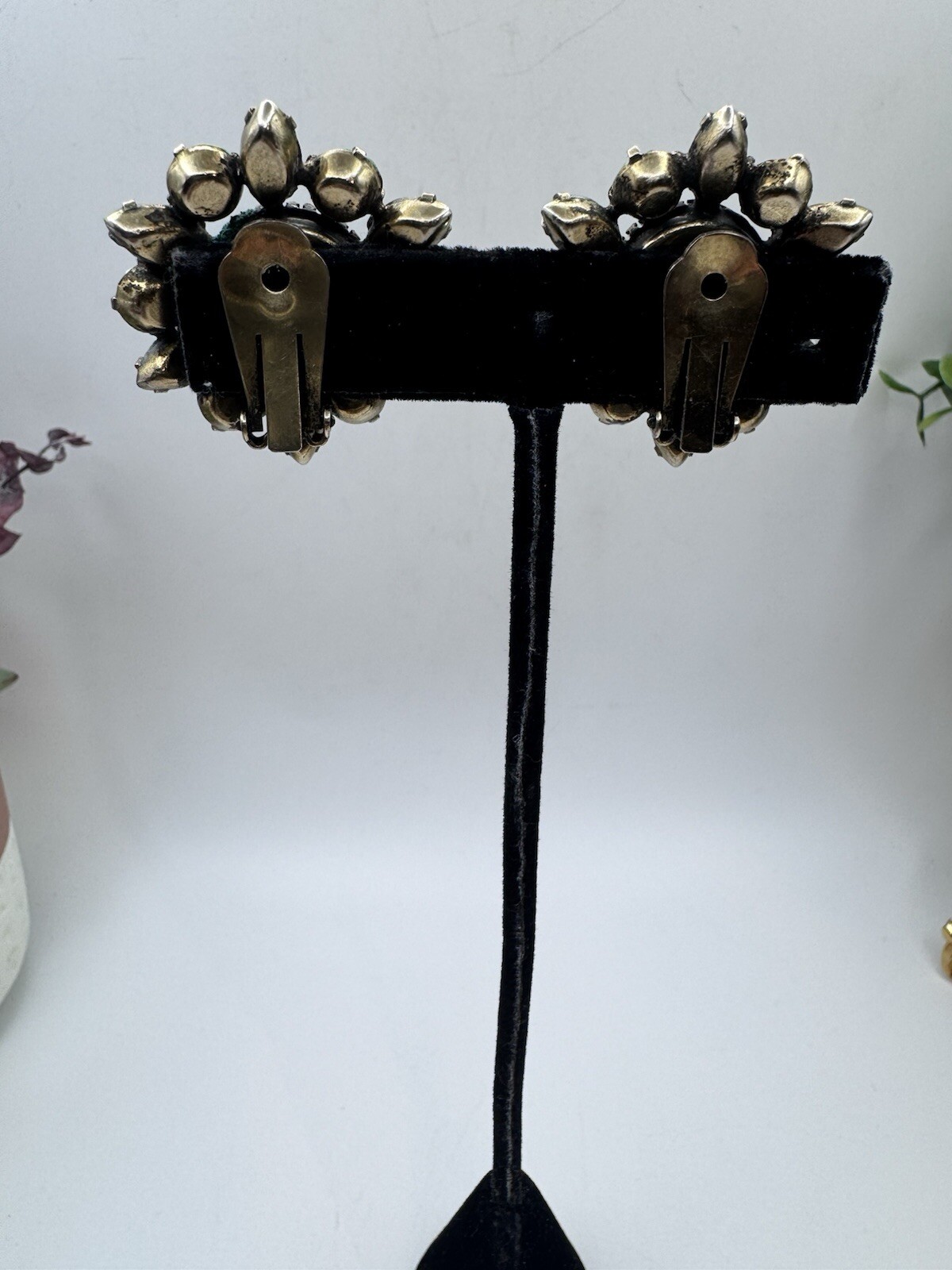Antique Vintage Blue Rhinestone Clip On Earrings And Gray Baroque Faux Pearl