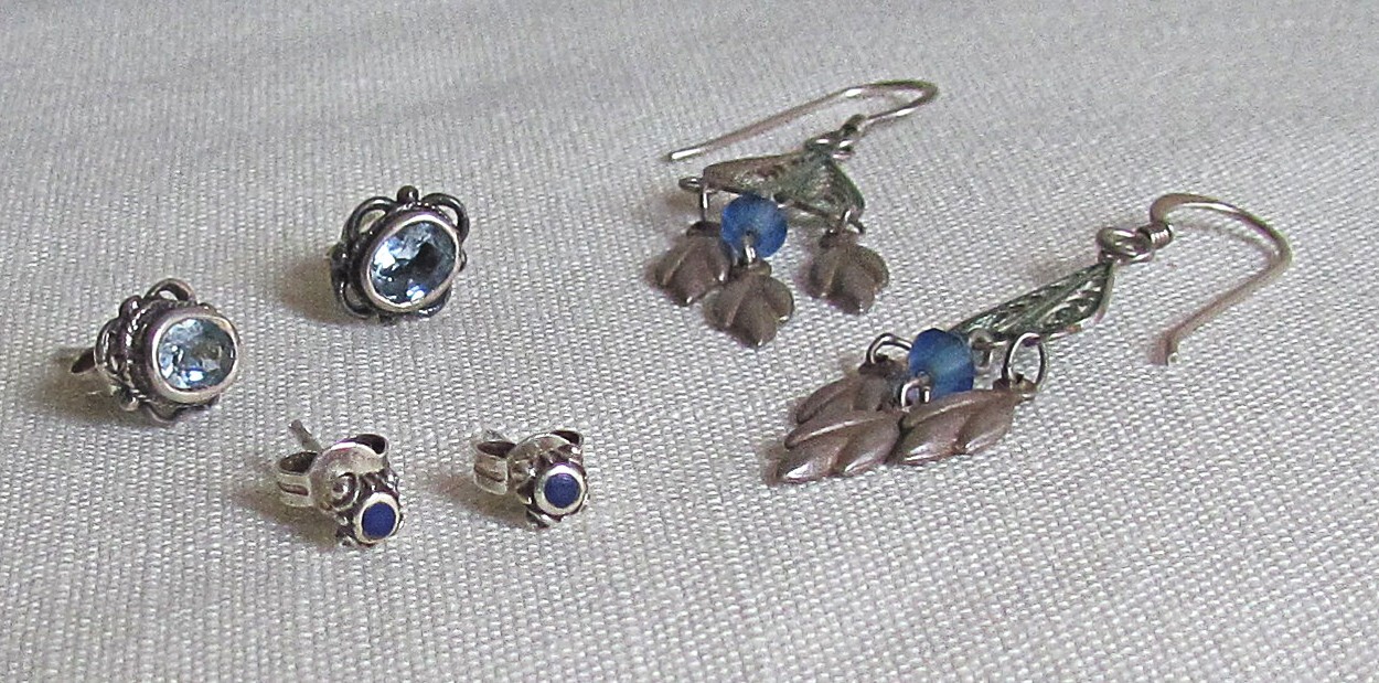 3 Pair Vtg Blue Stone Bead & Sterling Silver Stud Post & Dangle Drop Earrings