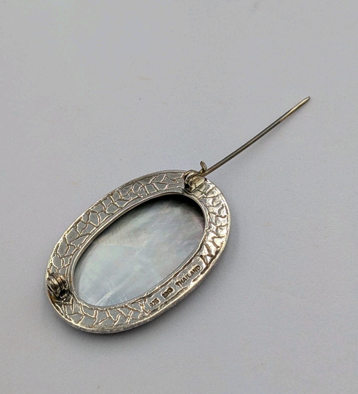 MYG Vintage Sterling Silver Oval Abalone Shell & Marcasite Stone 925 Pin Brooch