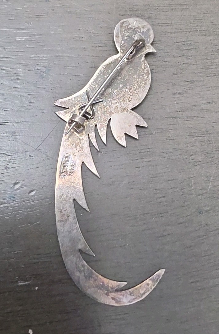 Vintage Quetzal Bird Pin Silver 900 Coin Silver Rose/brass Accents Guatemala