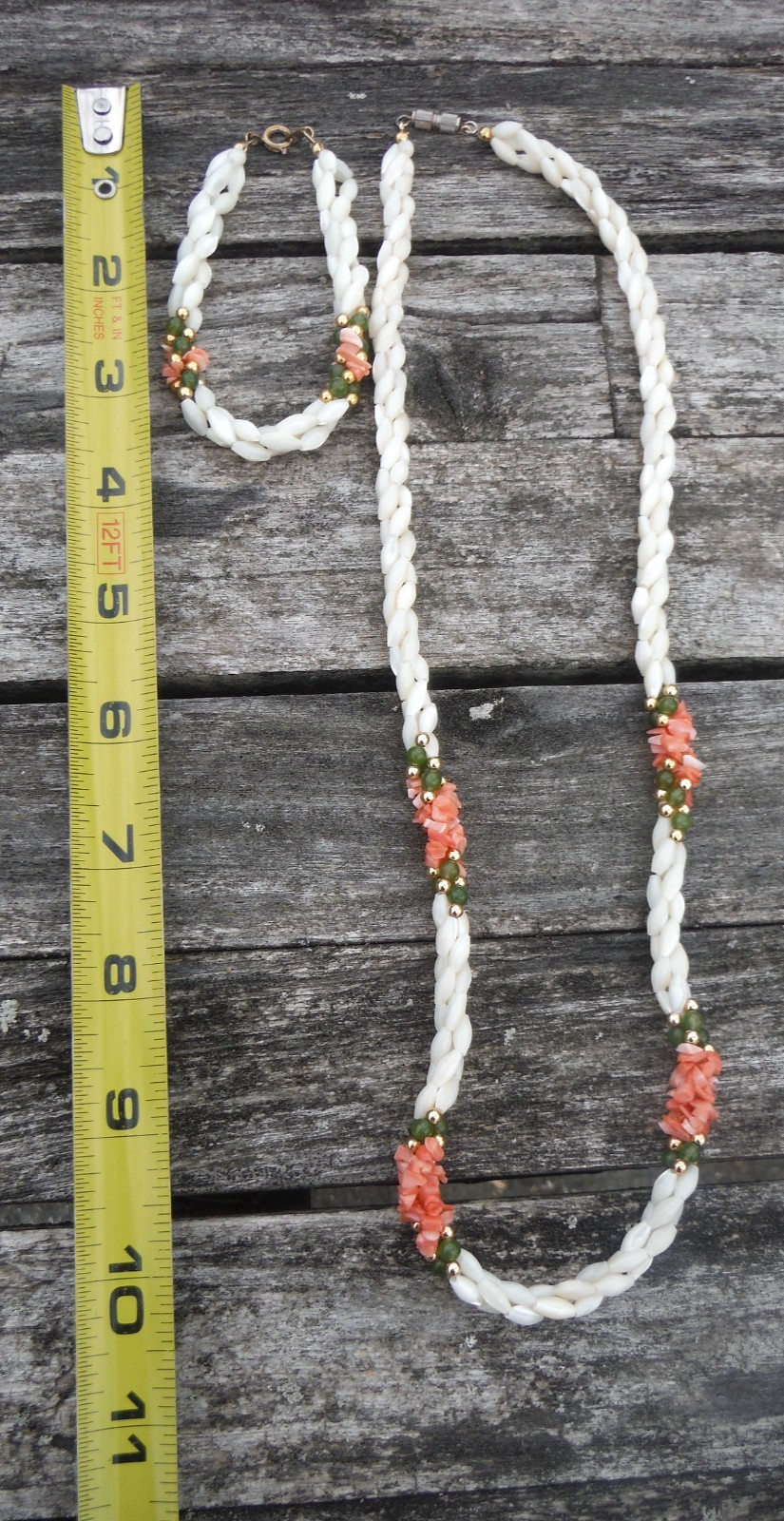 Vtg 1990s Hawaiian Coral & Bead Necklace & Bracelet Cream Pink Green Gold *VGC*