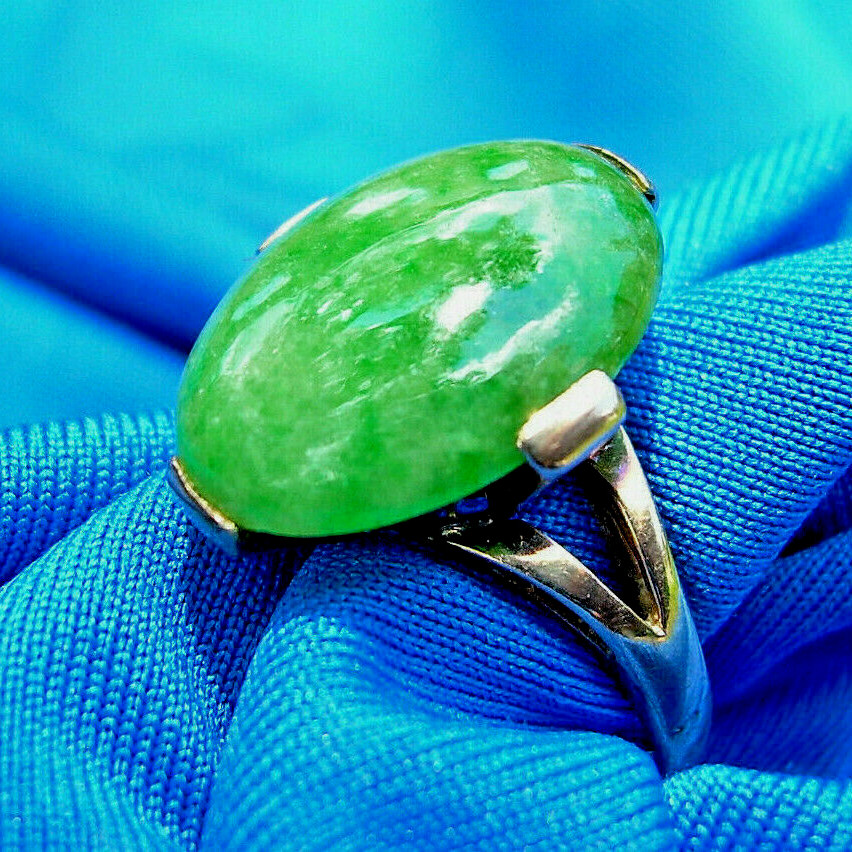 Original EARTH MINED Green Jadeite JADE Deco Engagement Ring 14K GOLD Solitaire