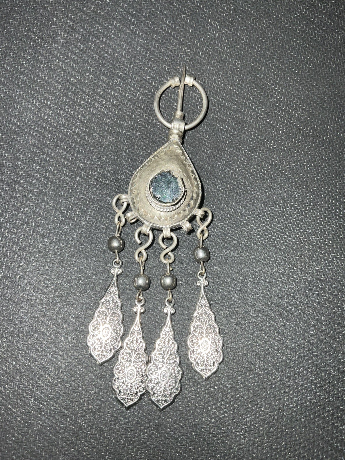 Moroccan Berber Fibula Tiznit Pendant Brooch Silver/ Green Gem *Read* 🌙
