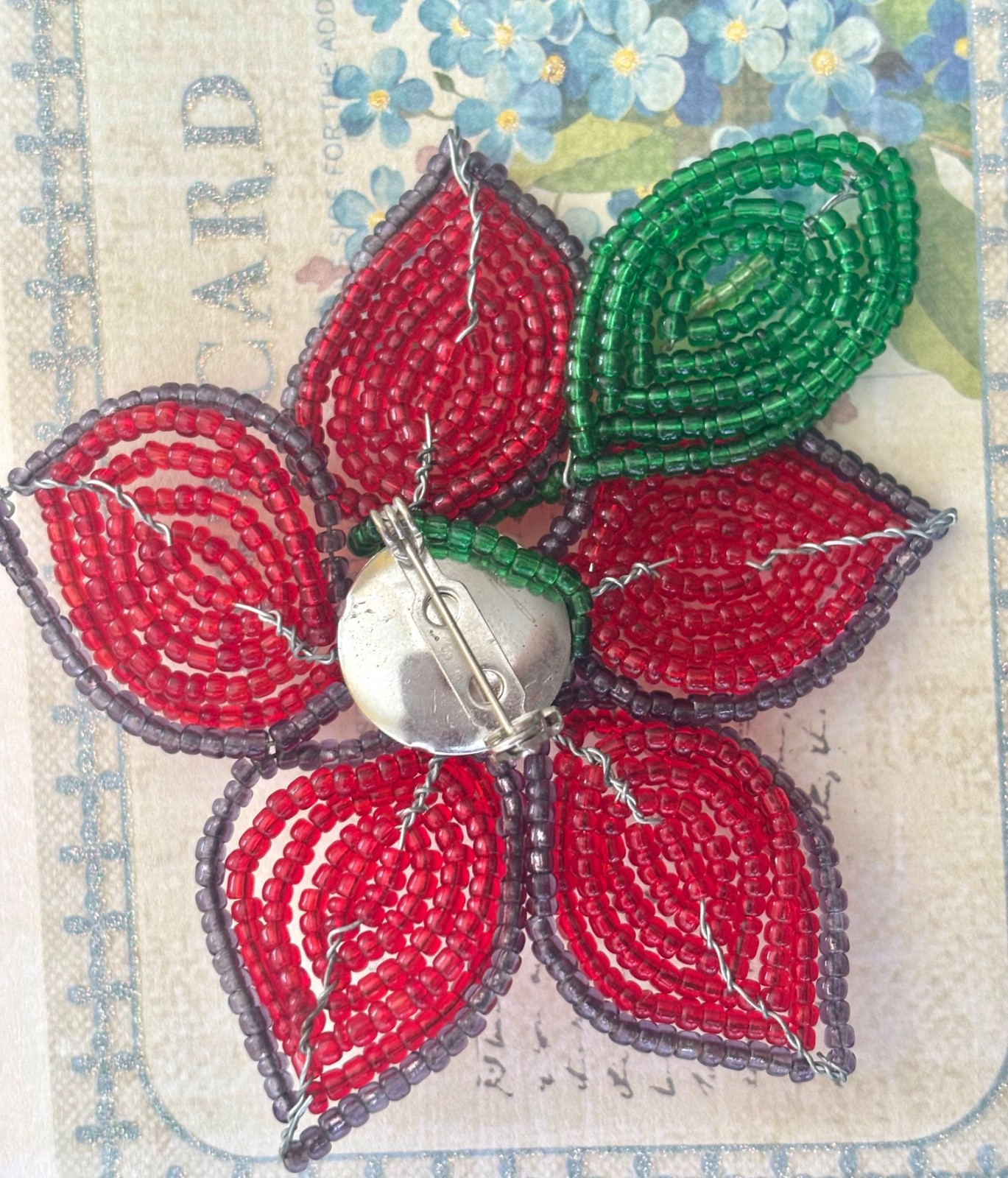 Sweet Hand Beaded Vintage Flower Brooch PIN with Green Leaf Details