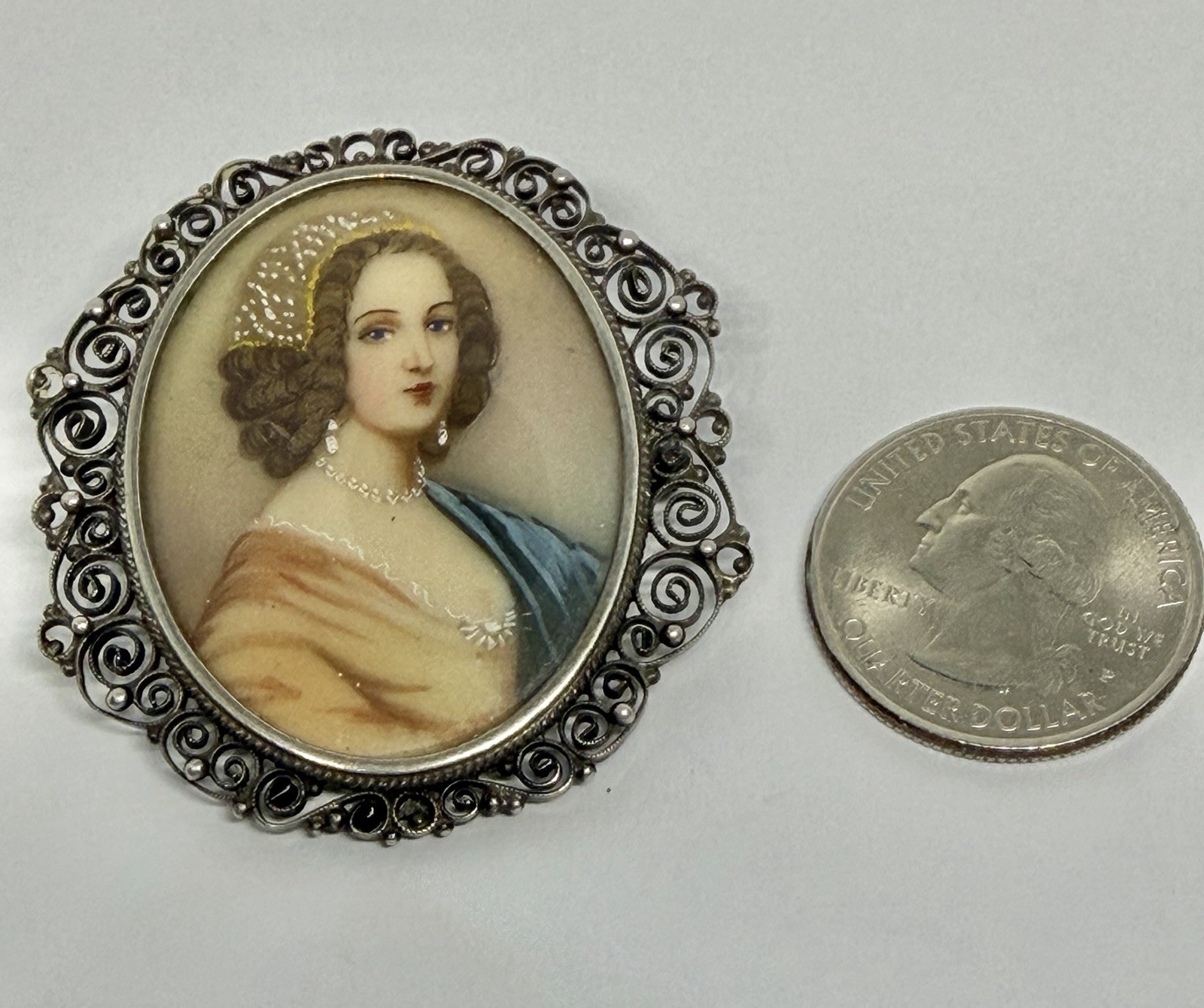 Vintage Renaissance Lady Portrait Hand Painted Miniature Brooch 800 Silver
