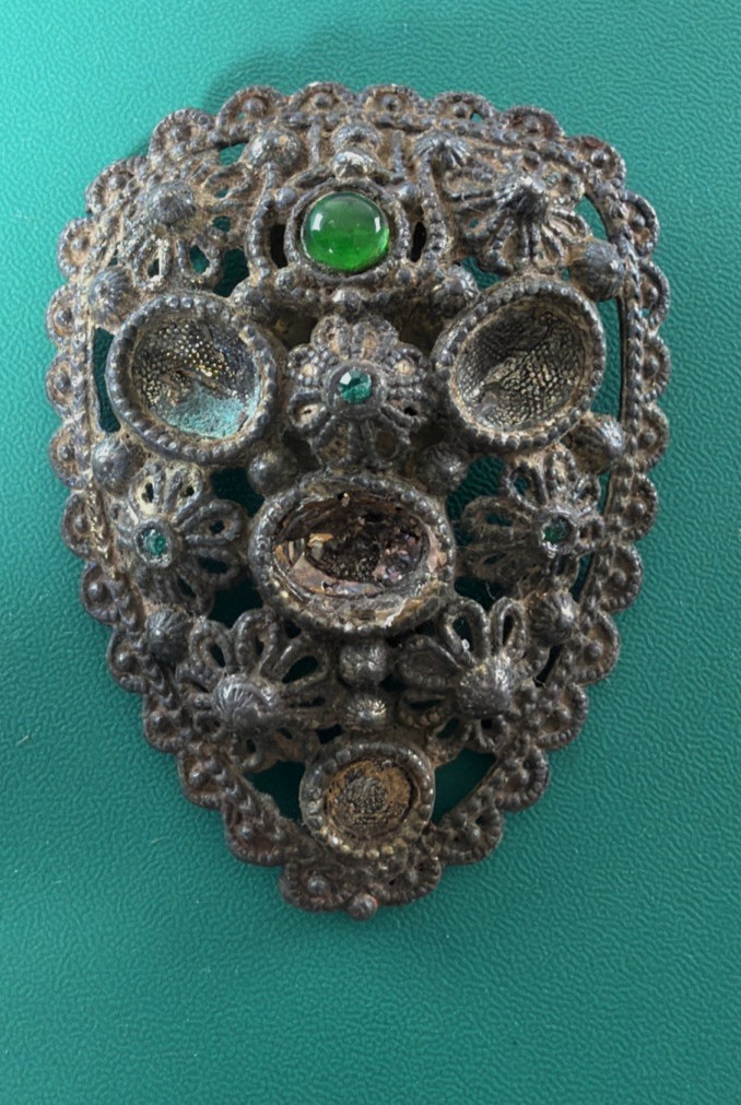 New England Glass Works Dress Clip Emerald Green Rhinestones READ Missing Stones