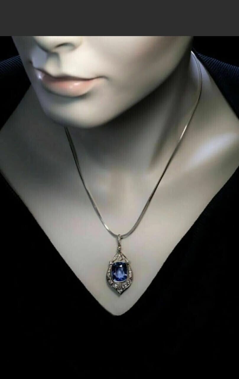 Art Deco Vintage 12.4Ct Blue Sapphire & Lab Created Diamond 925 Silver Pendant