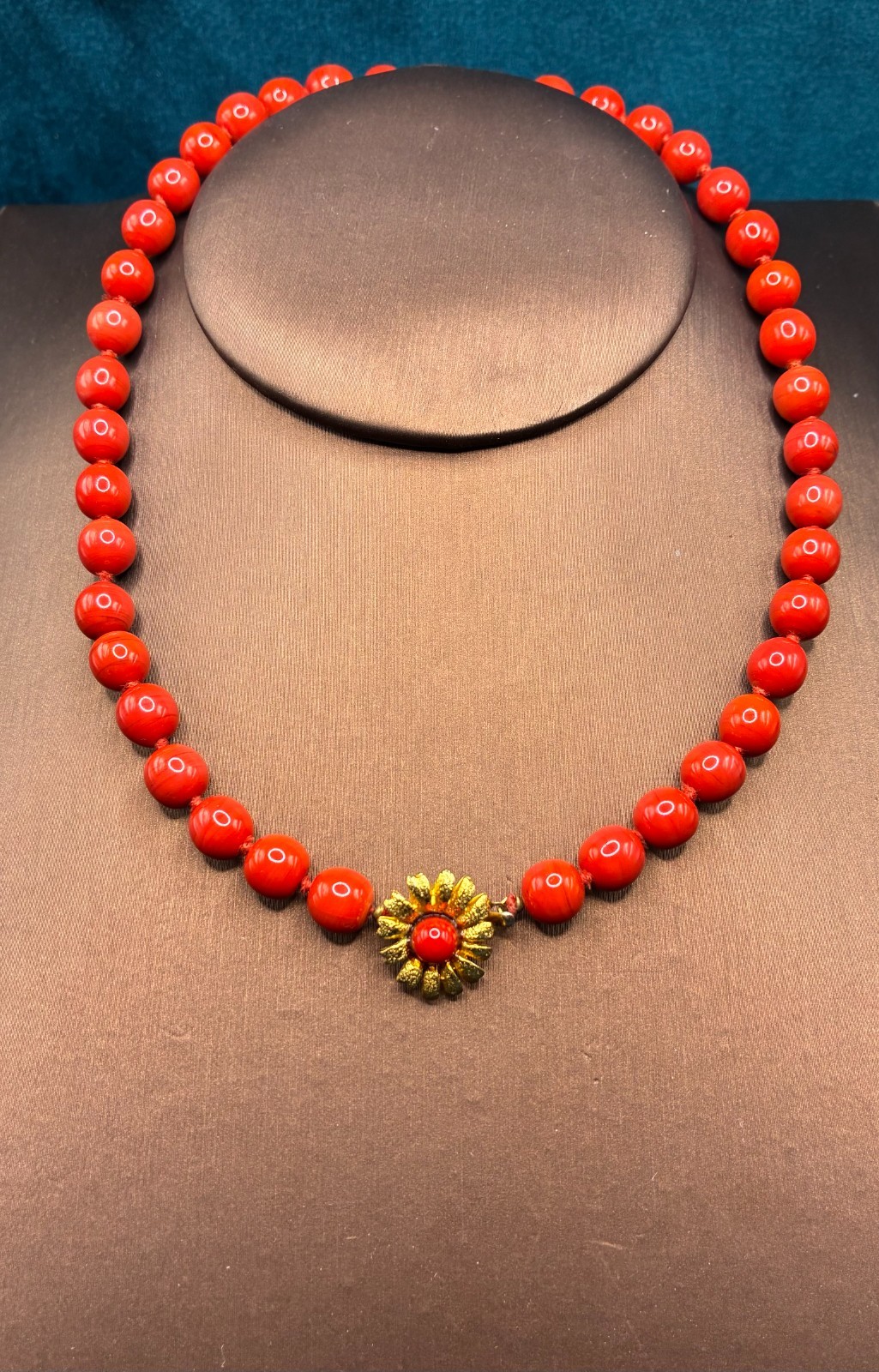 Vintage Glass Beaded Necklace Red Hand Knotted Decorative Clasp 15″