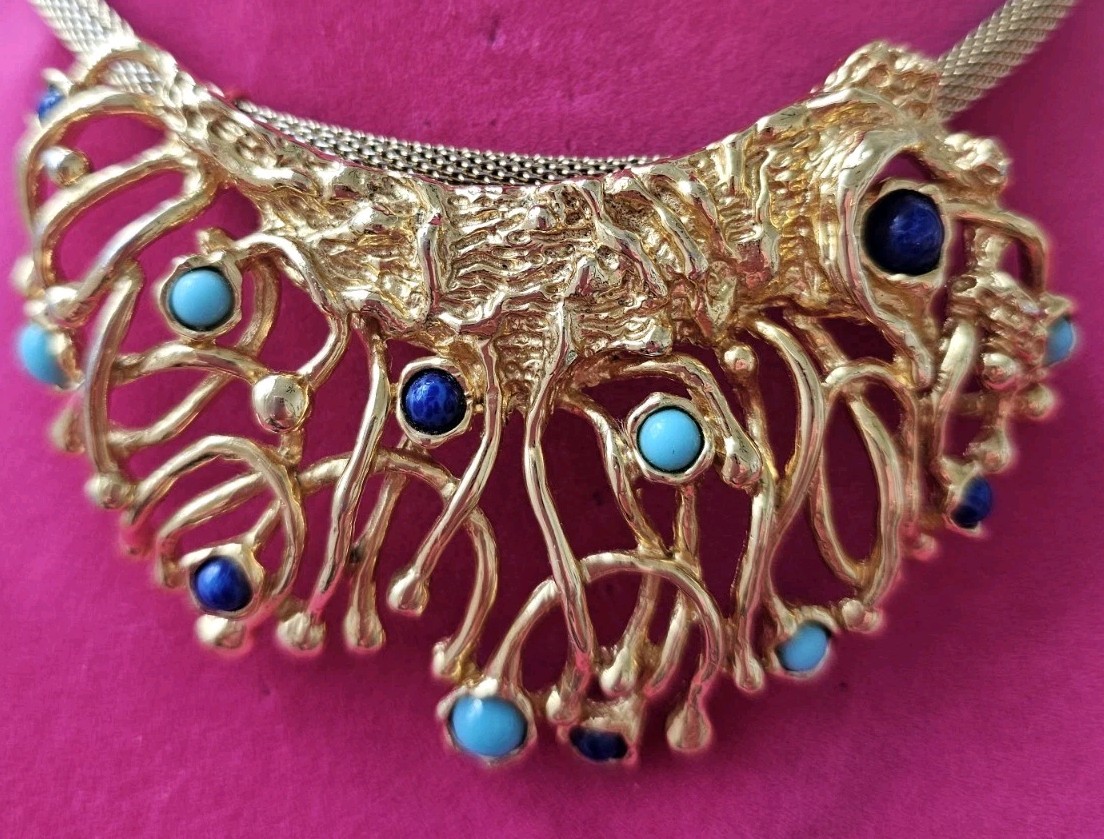Signed PANETTA Gold tone Pendant Choker Faux Turquoise Lapis Cabochon Brutalist