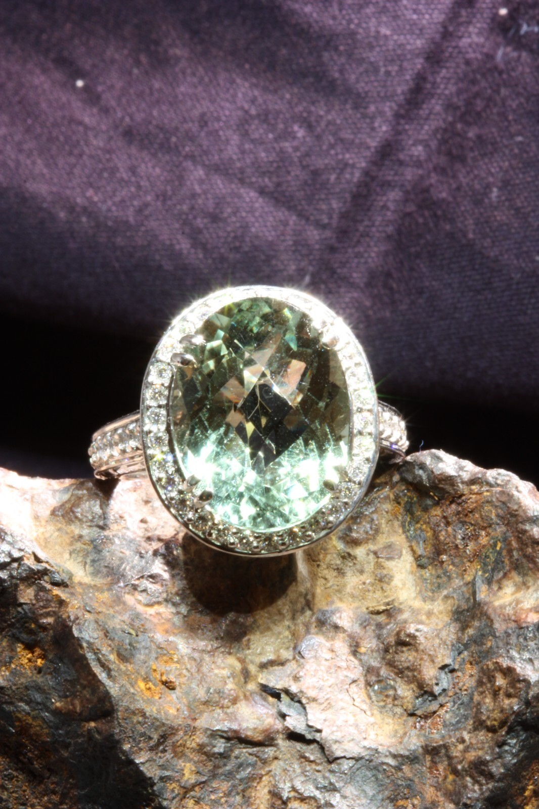 9.38ct Green Amethyst Praisiolite Cocktail Ring 14k White Gold with Diamonds