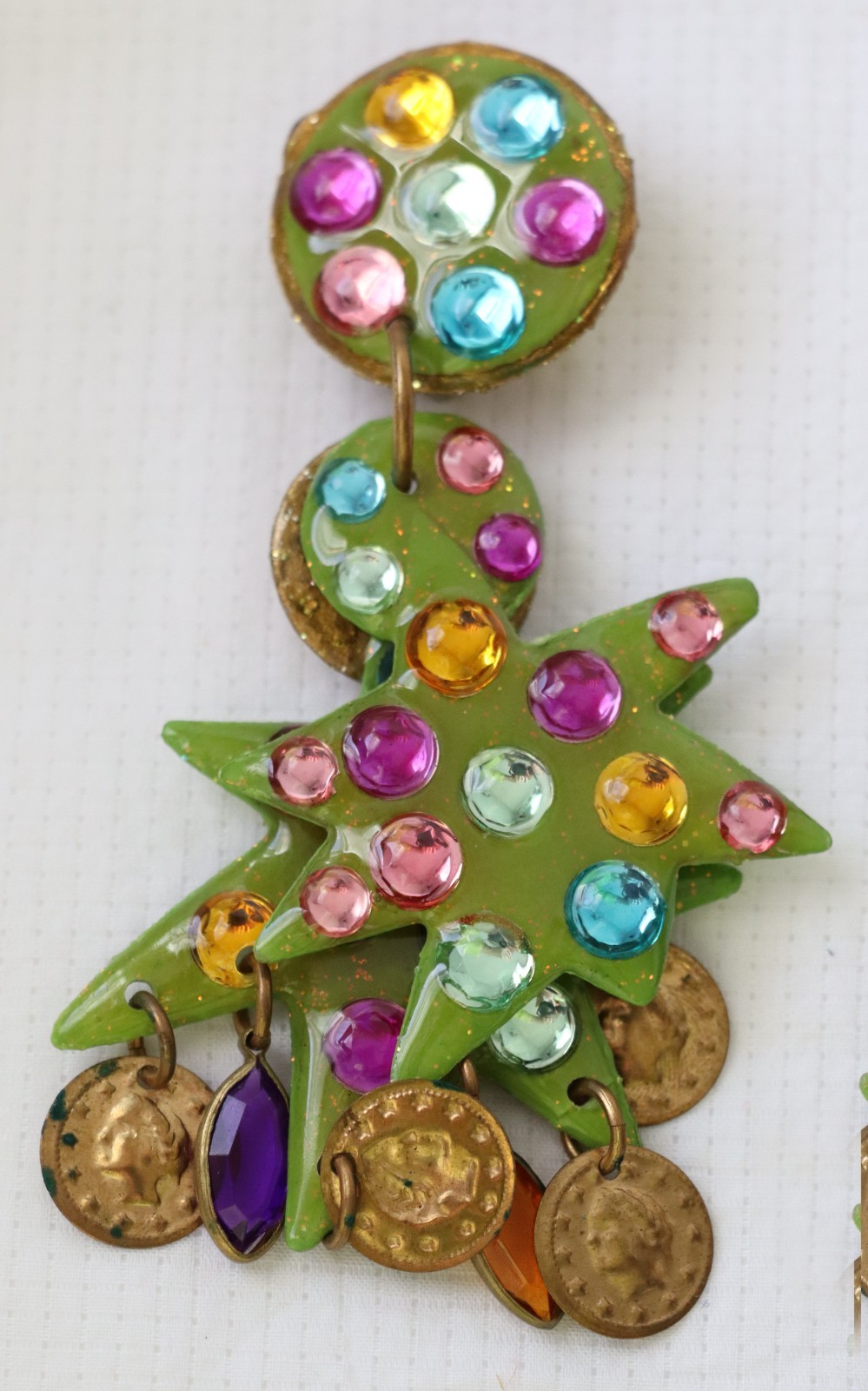 Vintage Green Resin Metal Christmas Tree Colorful Clip-On Dangle Earrings 4″