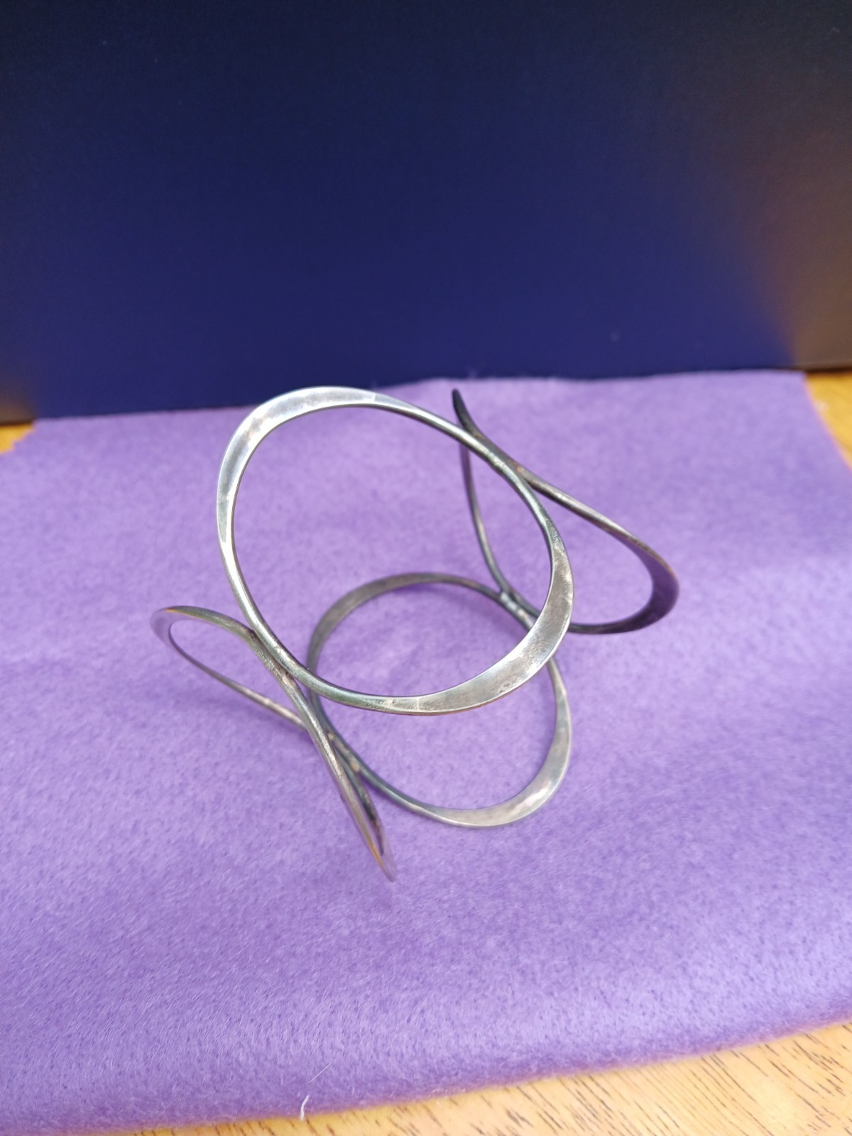 Vintage Geometric Ovals Sterling Silver Bangle Bracelet Modernist Design Art