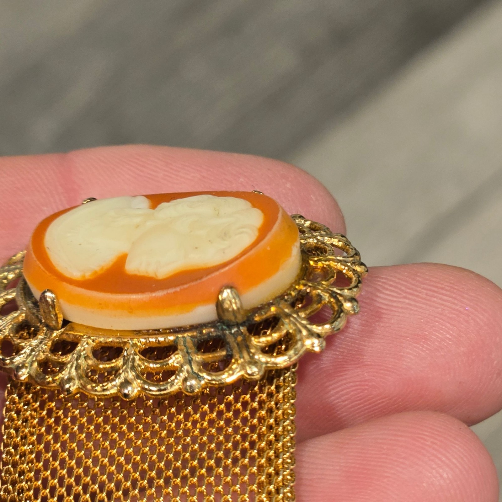 Vintage Coro Cameo choker necklace Gold Tone Mesh Lady Portrait Filigree Estate