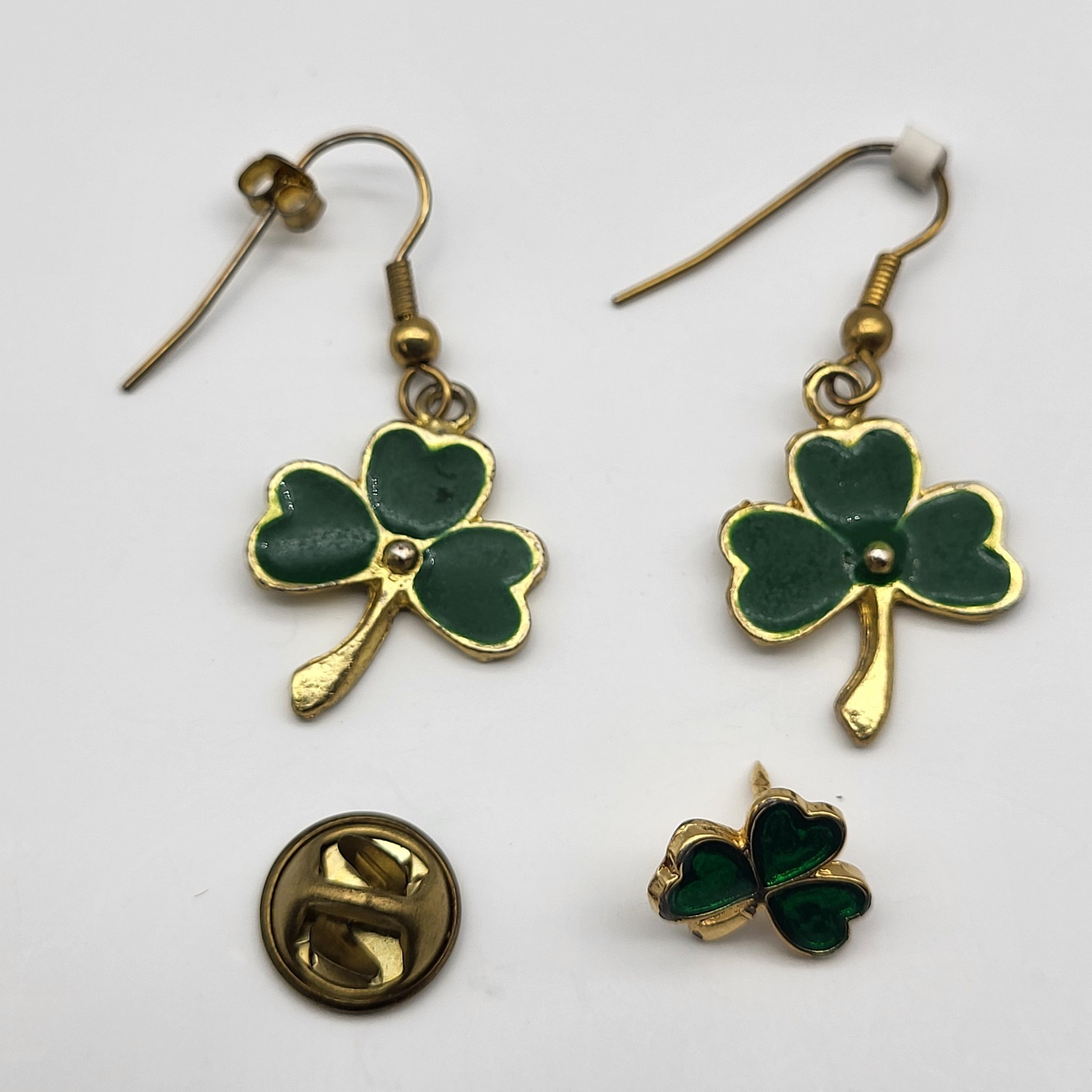 Fabulous Lucky Shamrock clover earrings & pin Saint Patricks Day Leprechaun