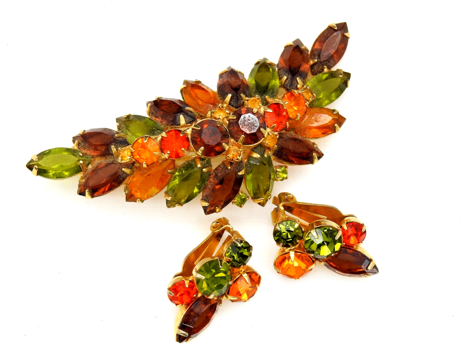 Juliana Rhinestone Brooch Clip Earrings Set Fall Colors Demi Parure Vintage
