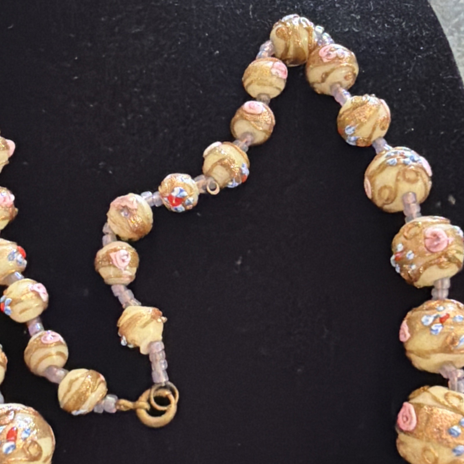 Vintage Murano Venetian Art Glass Necklace, Wedding Cake beads Ivory Gold Pink!