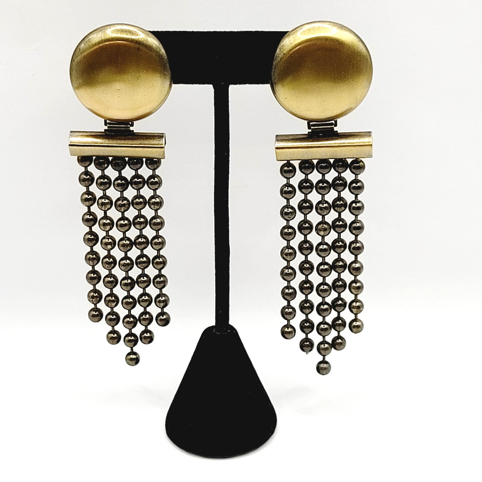 Ball & Chain Fringe Brutalist Runway Style Mixed Metal Tone Vtg Pierced Earrings