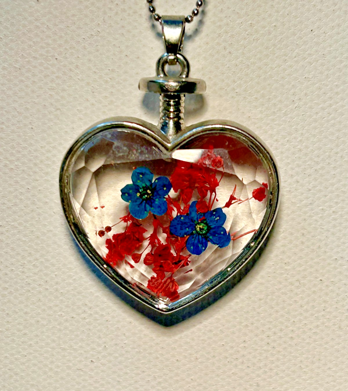 Vintage Heart Pendant Necklace Blue and Red Pressed Flowers