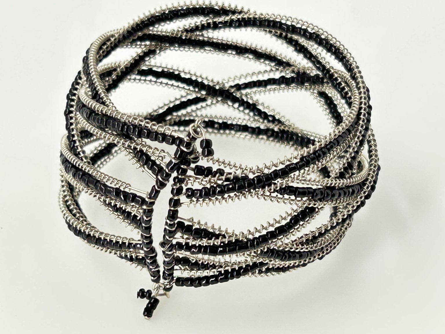 Vintage Black Beaded Cuff Braided Bracelet Silver Tone Multi Strand Wrap