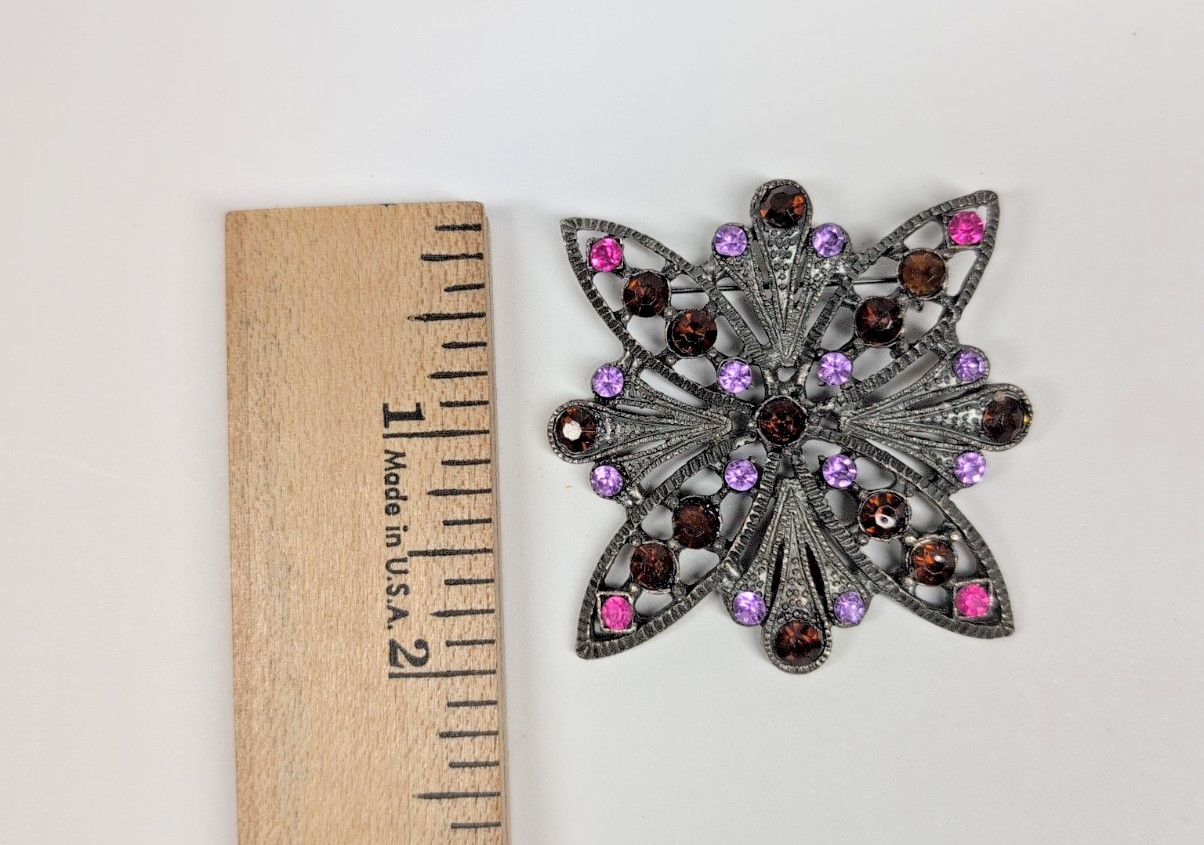 Vintage Rhinestone Brooch Filigree Pink Purple Amber Floral Pin Estate Jewelry