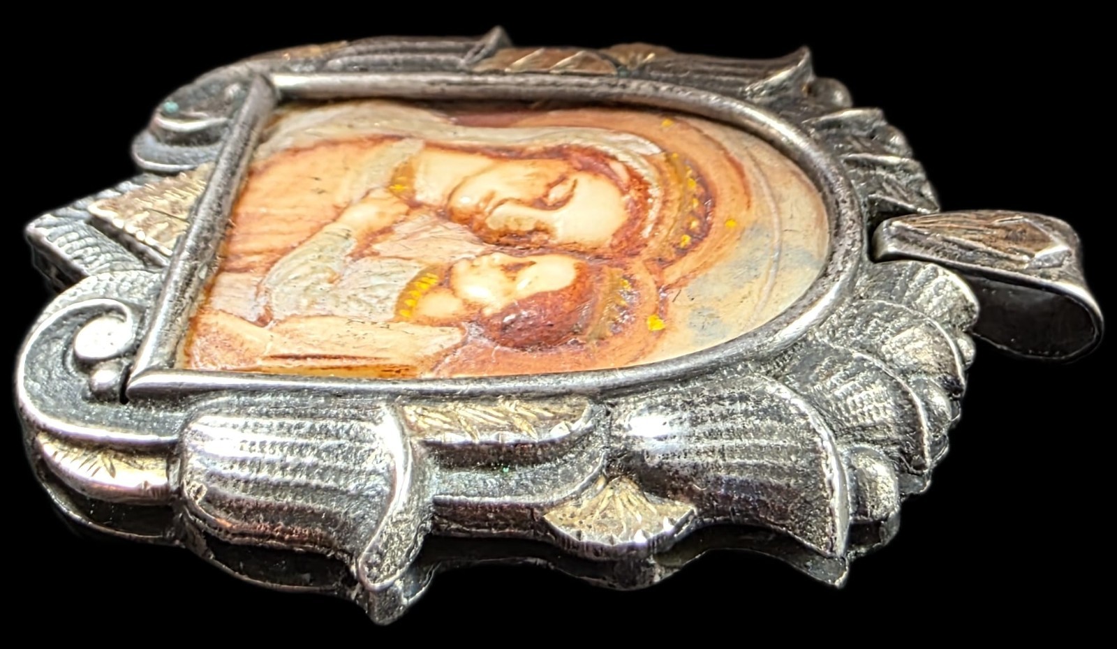 Fine Antique Art Nouveau Silver Gold Madonna Virgin Mary and Jesus Pendant C1900