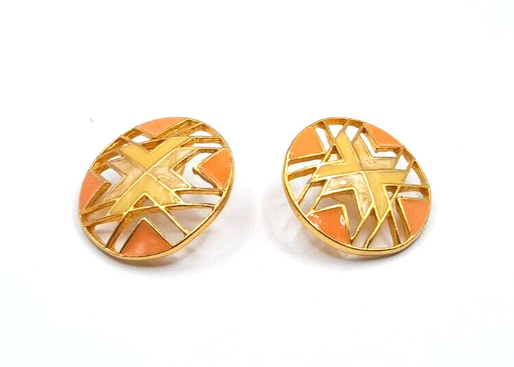 AVON 1.5″ Gold Tone Large Geometric Orange Cream Pierced Earrings VTG 1980’s