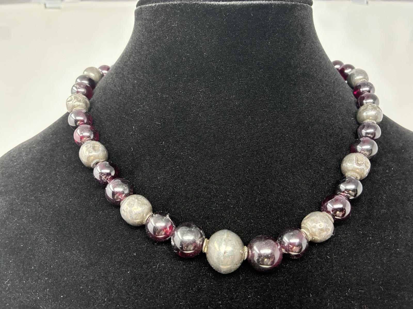 Vintage Beaded Necklace Deep Wine Glass And Artisan Silver Beads And Hook Clasp