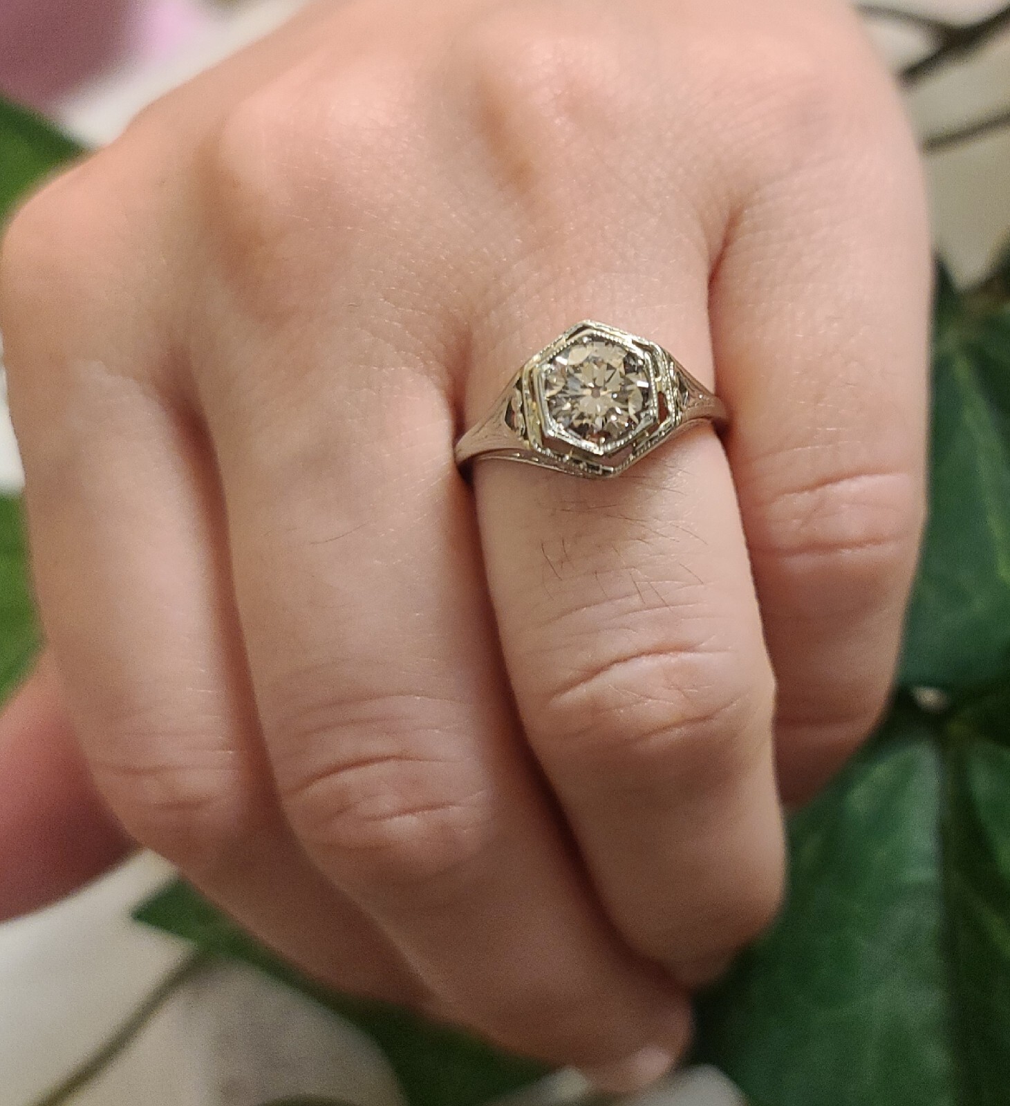 18k White Gold Vintage Engagement Ring 1.10ct.Euro Cut Round Champagne Diamond