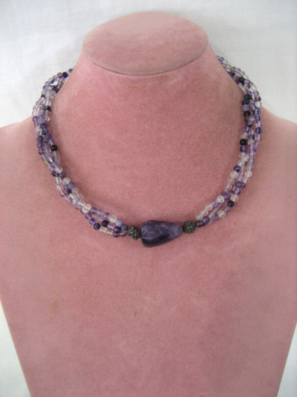 VINTAGE AMETHYST BEAD STERLING SILVER 17″ 3 STRAND NECKLACE
