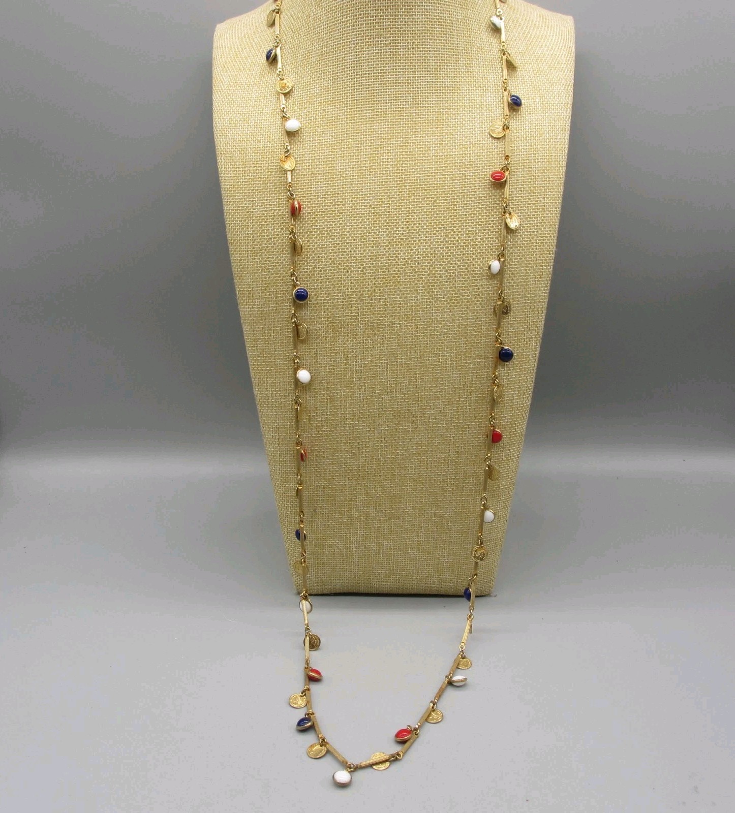 Vintage Open Bezel Necklace Faux Coin Station Gold Tone Red White Blue Rope 46″