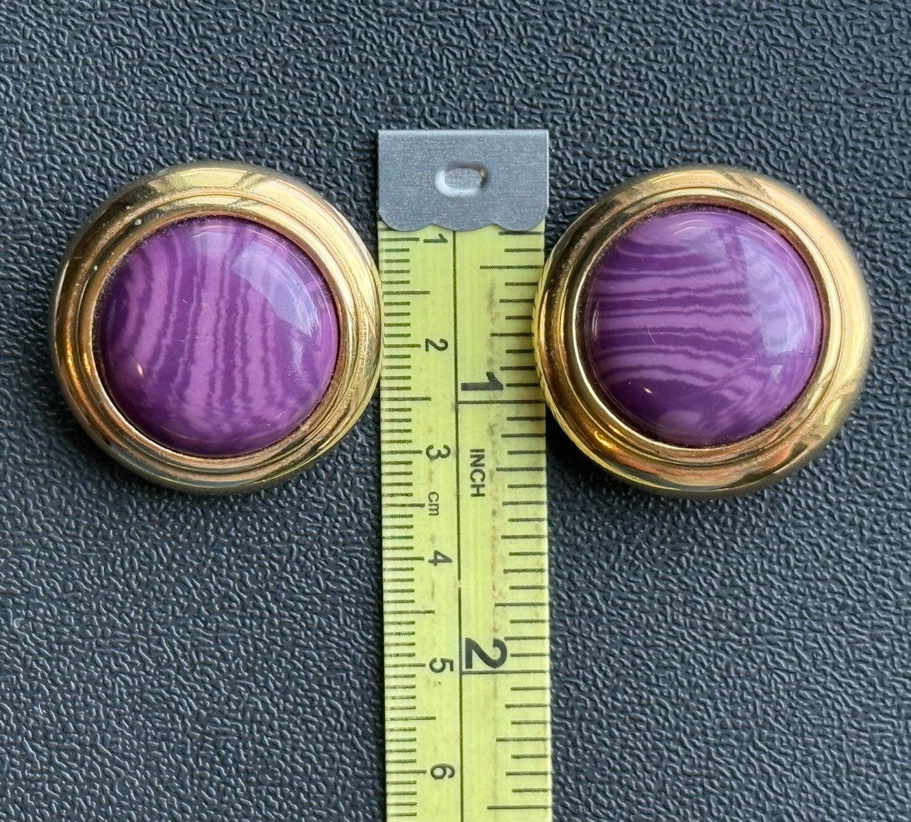 Vintage Designer Gay Boyer Earrings Purple Dome Gold Tone Large Clip On A