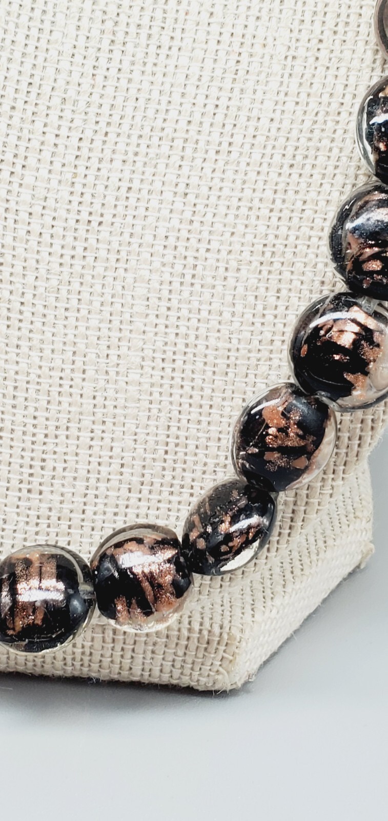 Coldwater Creek Black and Copper accented Glass, Gun Metal Necklace 36″ woo1