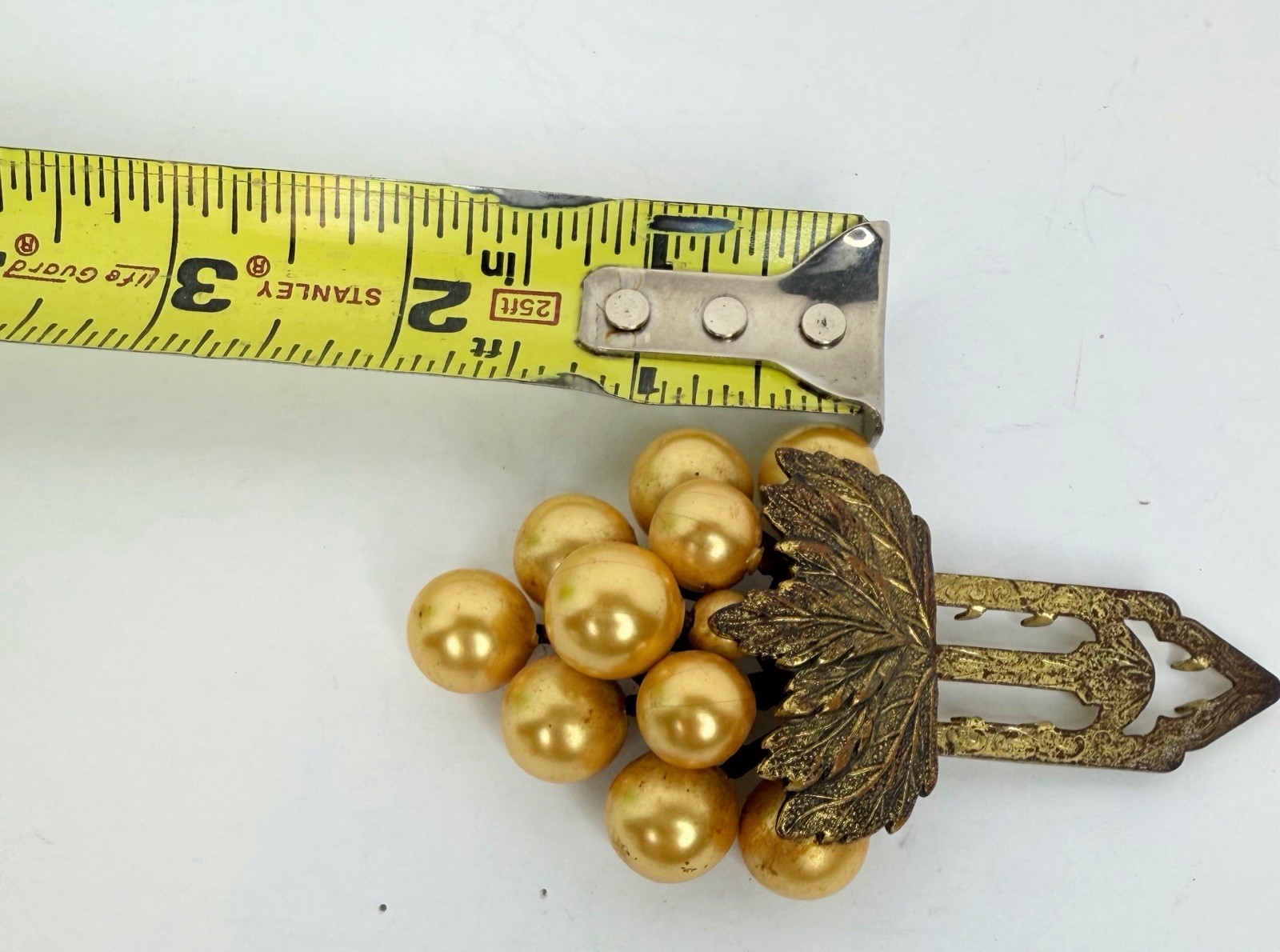 Vintage LARGE 2” Gold Tone Bunch Of Grapes Faux Pearl Antique Fur Clip 1930s