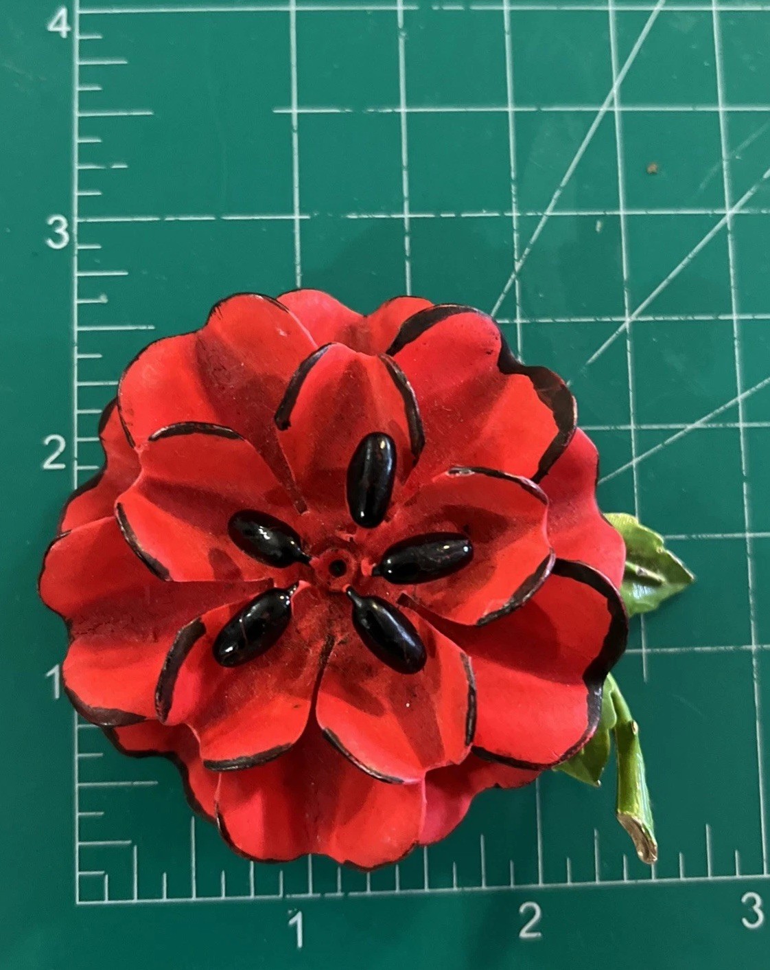 Vintage 1960s Red Enamel Poppy Flower Brooch Pin Mod Retro Boho Unsigned
