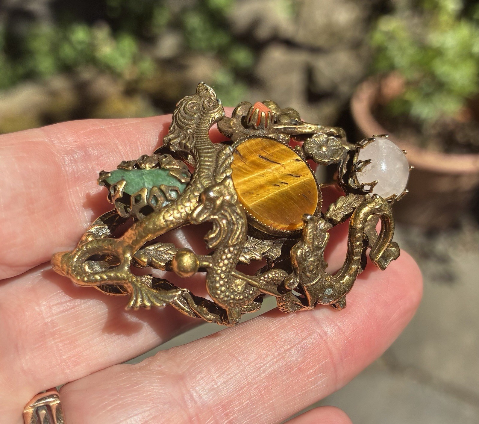 Vintage 3 Dragon Brooch Semiprecious Stones Asian