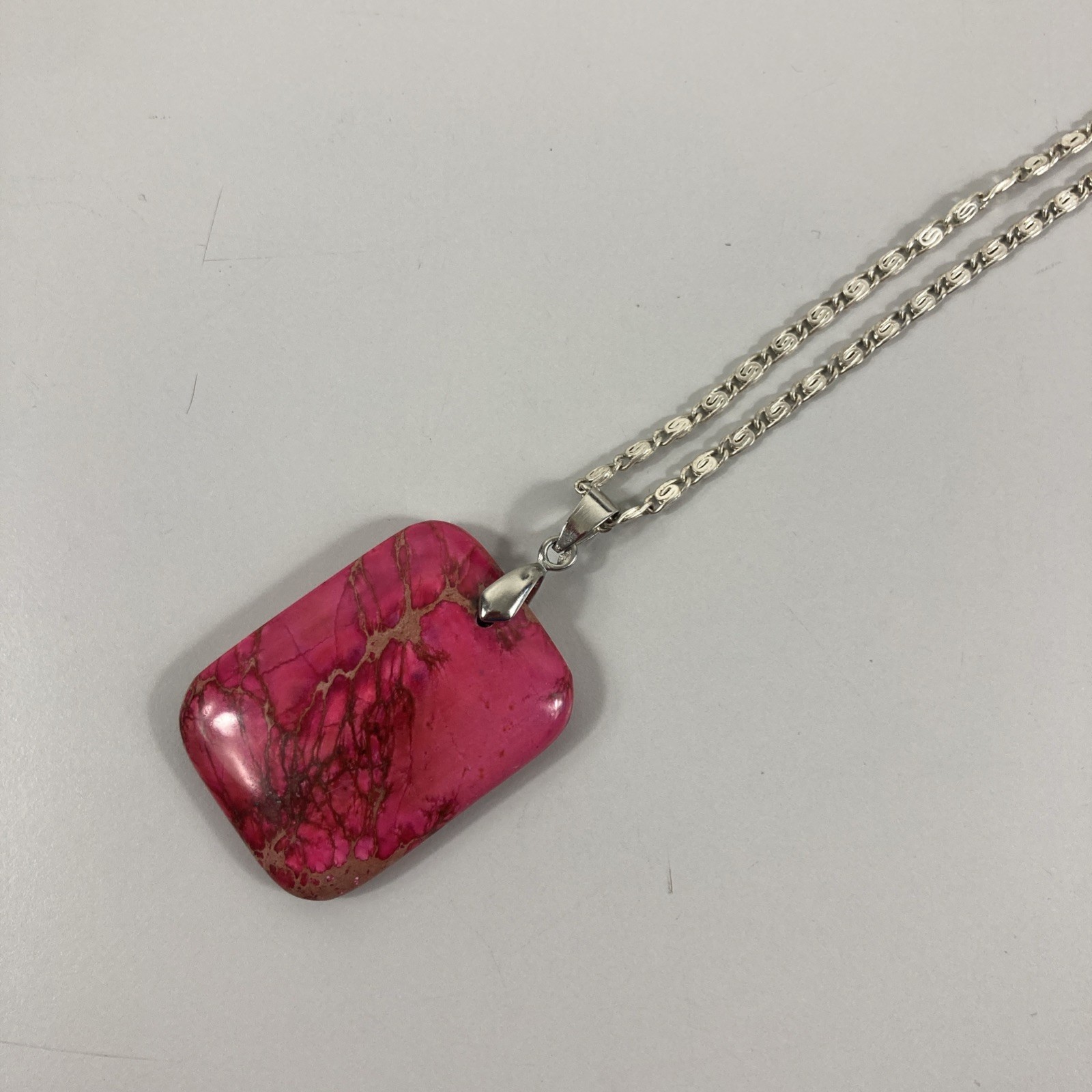 Polished Pink Stone Pendant 2.5″ Rounded Rectangle 19″ Silvertone Chain Necklace