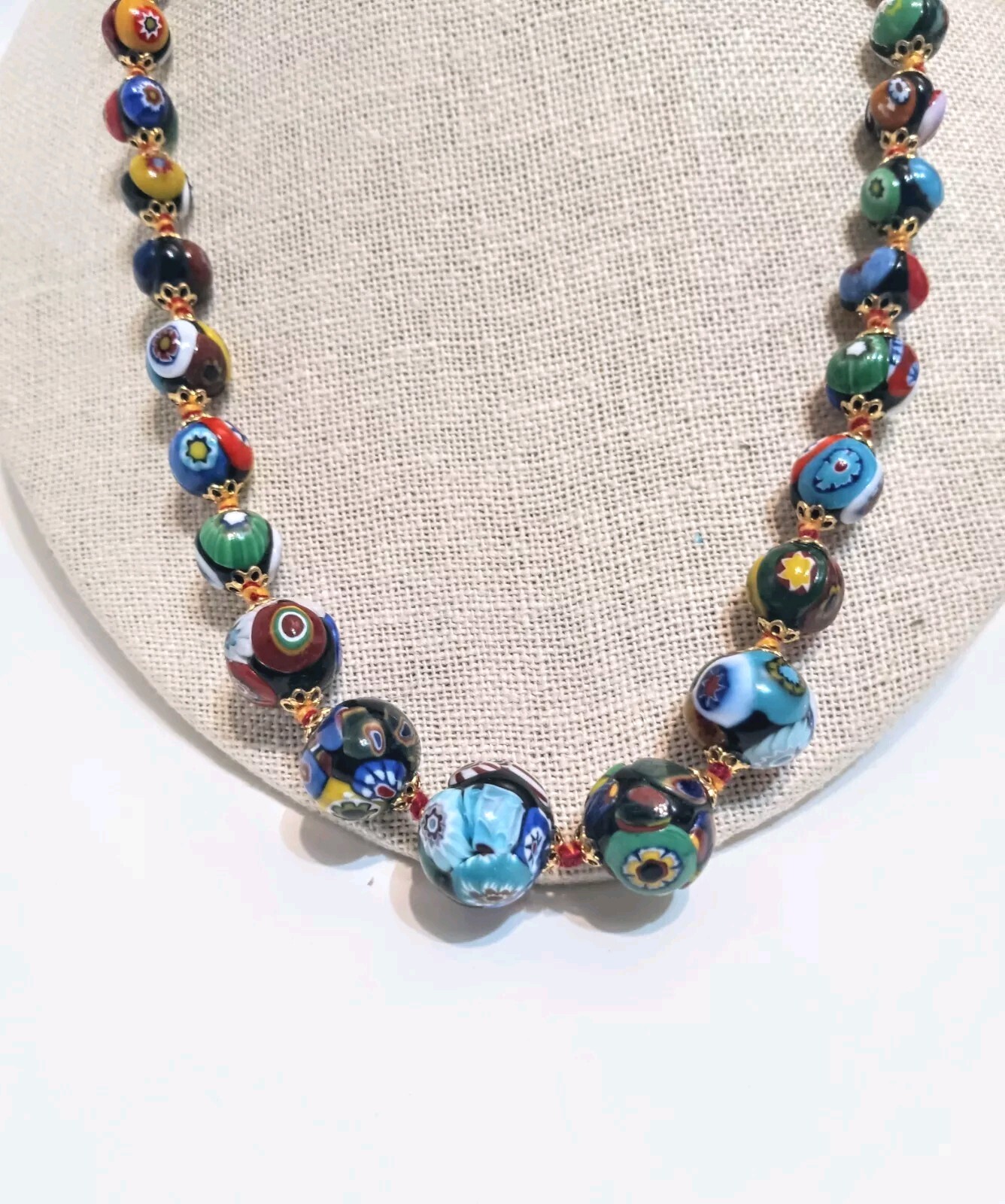Beaded Necklace Millefiori Multi Color Glass 20″ Strand 1920’s Fish Hook Clasp