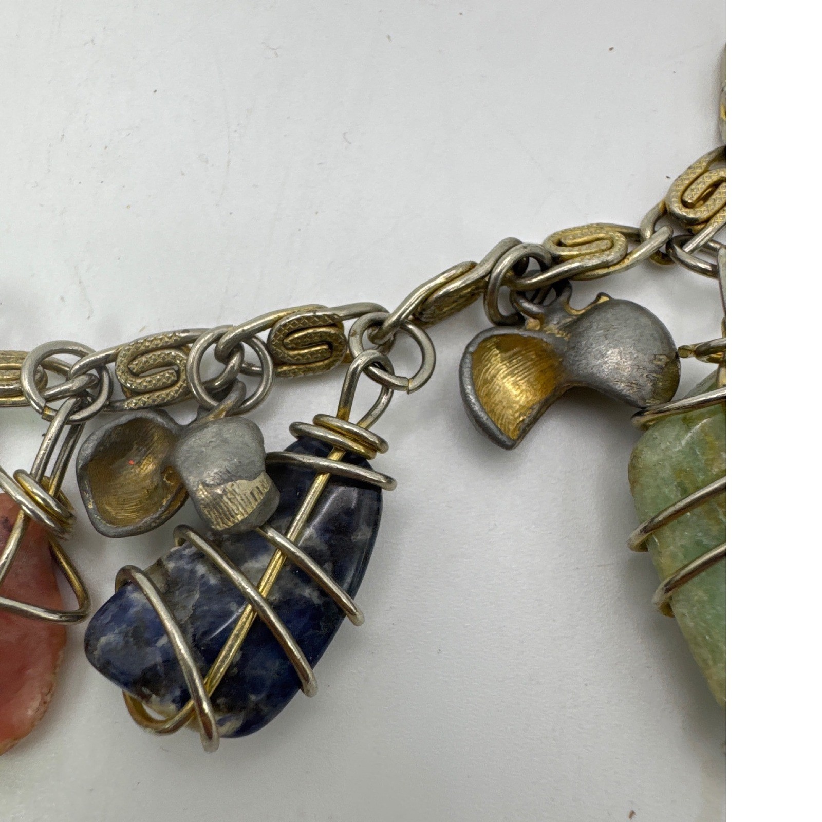 Vintage Wire Wrapped Raw Gemstone Nugget Charm Bracelet Mixed Metal Boho 7.5″