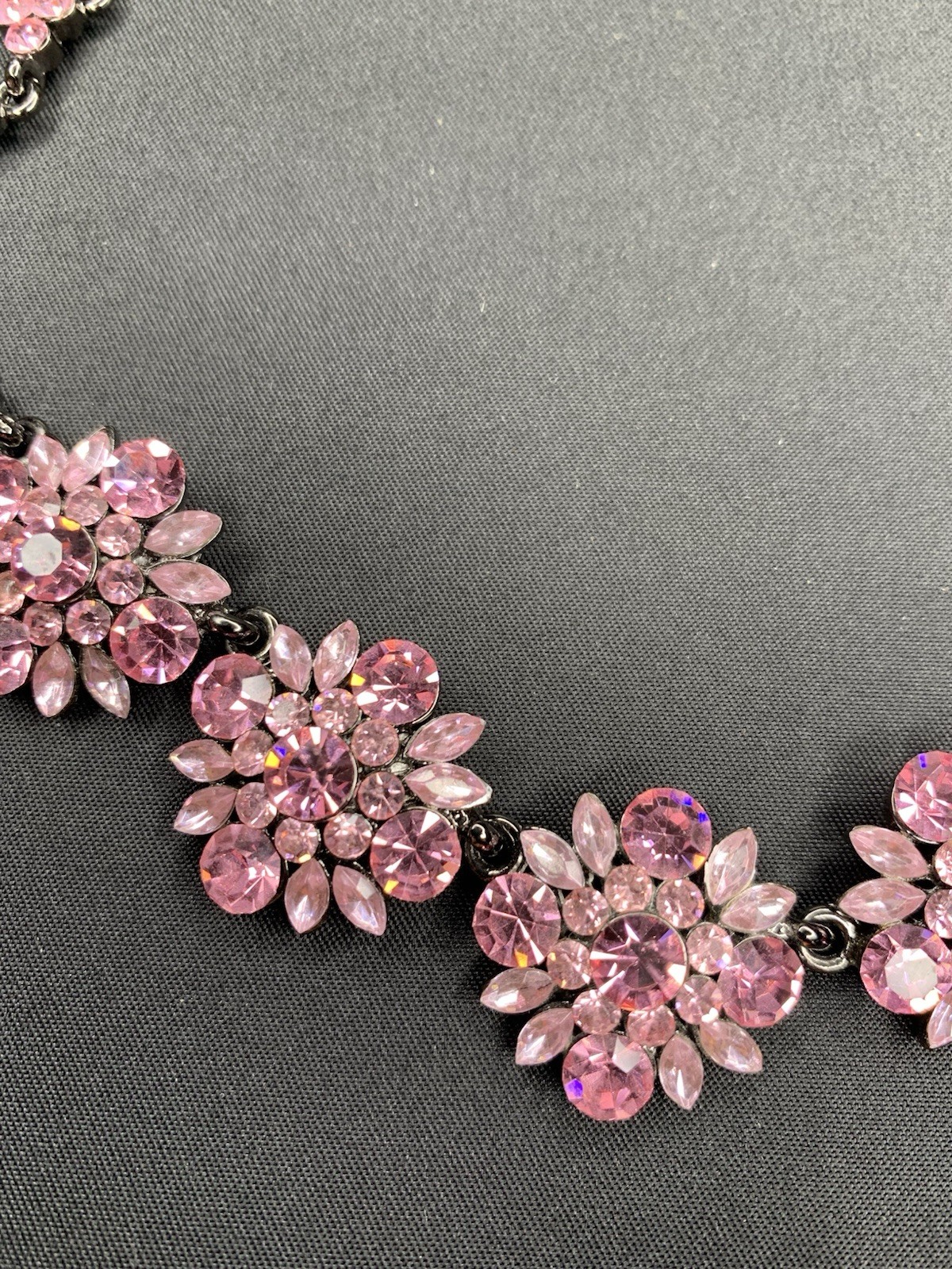 Pink Flower Shape Rhinestone Black Gun Metal Necklace 14” Choker