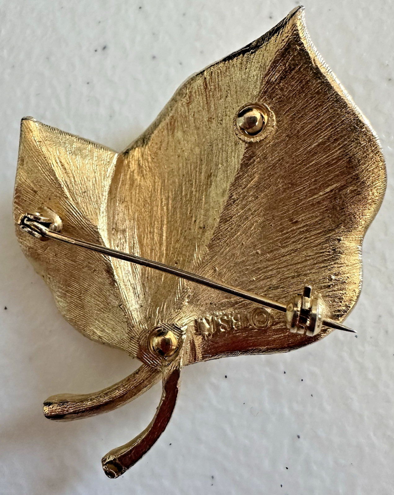 Vintage BSK Gold Tone Leaf Brooch Signed Textured Nature Pin