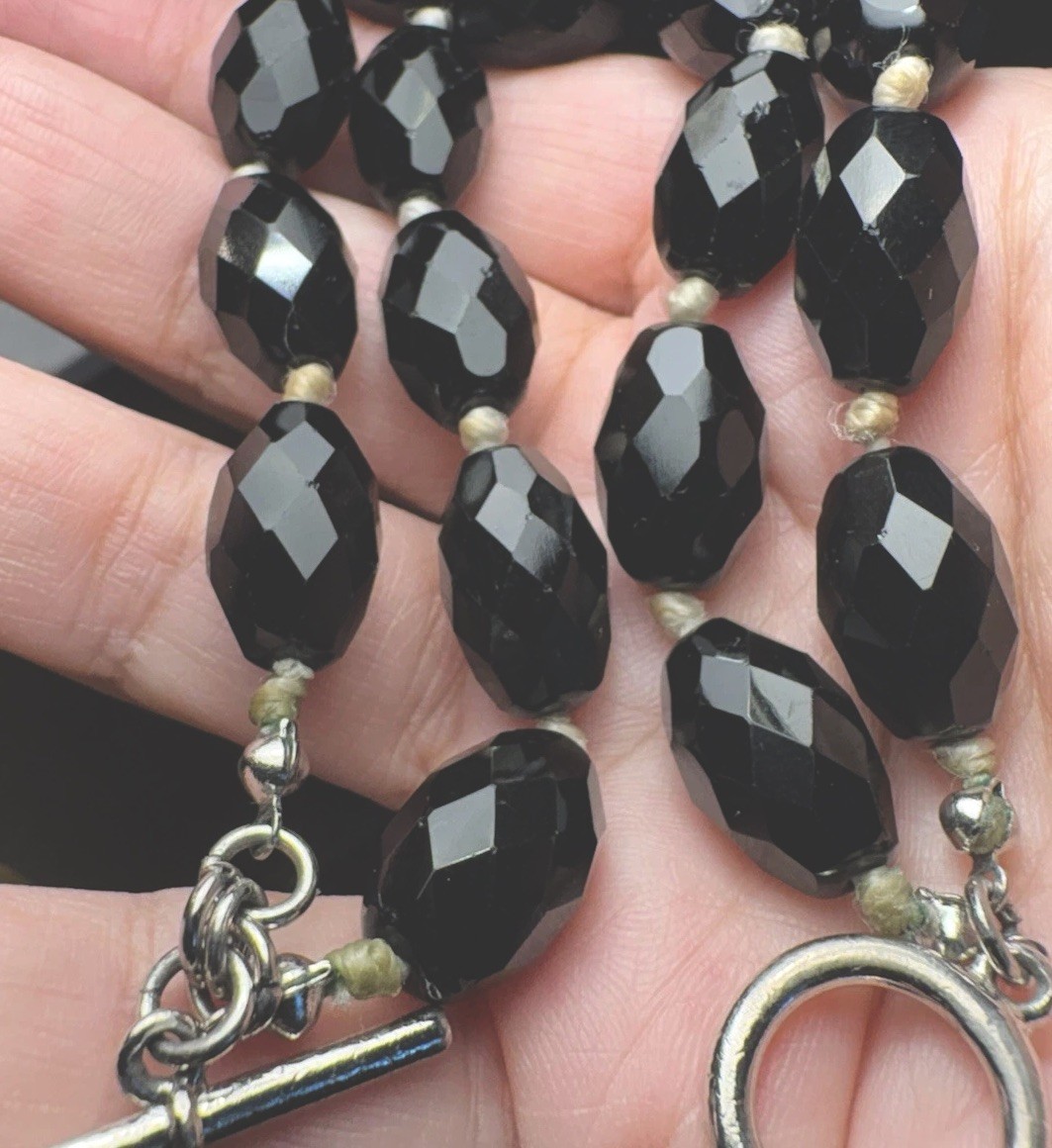 1930s–1950s Czech BLACK GLASS Bracelet French Jet Style Toggle Silk Knots