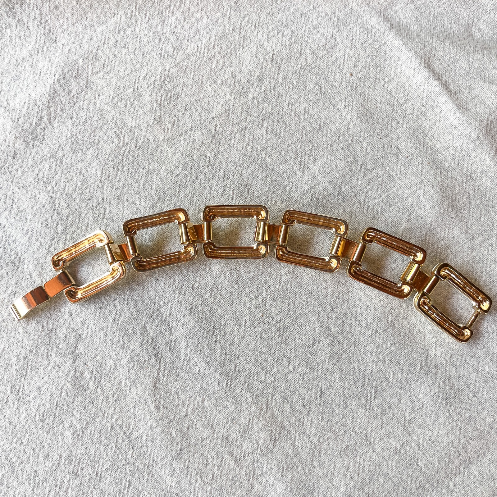 Vintage Ivory Enamel Gold Tone Link Bracelet Rhinestone Statement Chunky Deco
