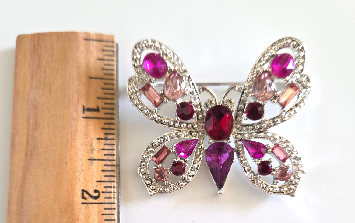 SilverTone Pink Purple Rhinestone GEM Sparkling Shimmering Butterfly Brooch Pin