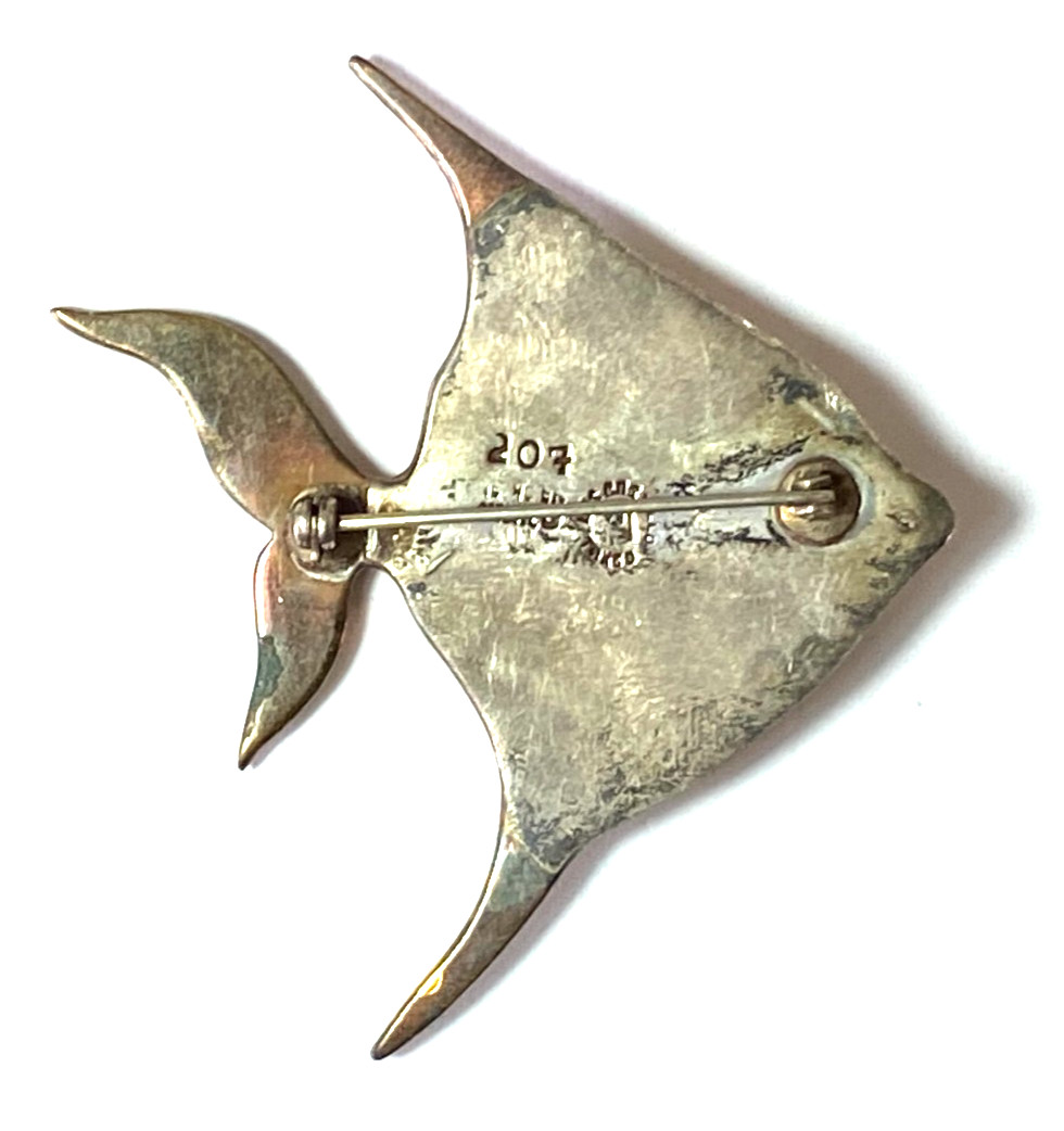 Sterling Silver Los Castillo Brass Copper Fish Brooch Pin 63mm x 57mm