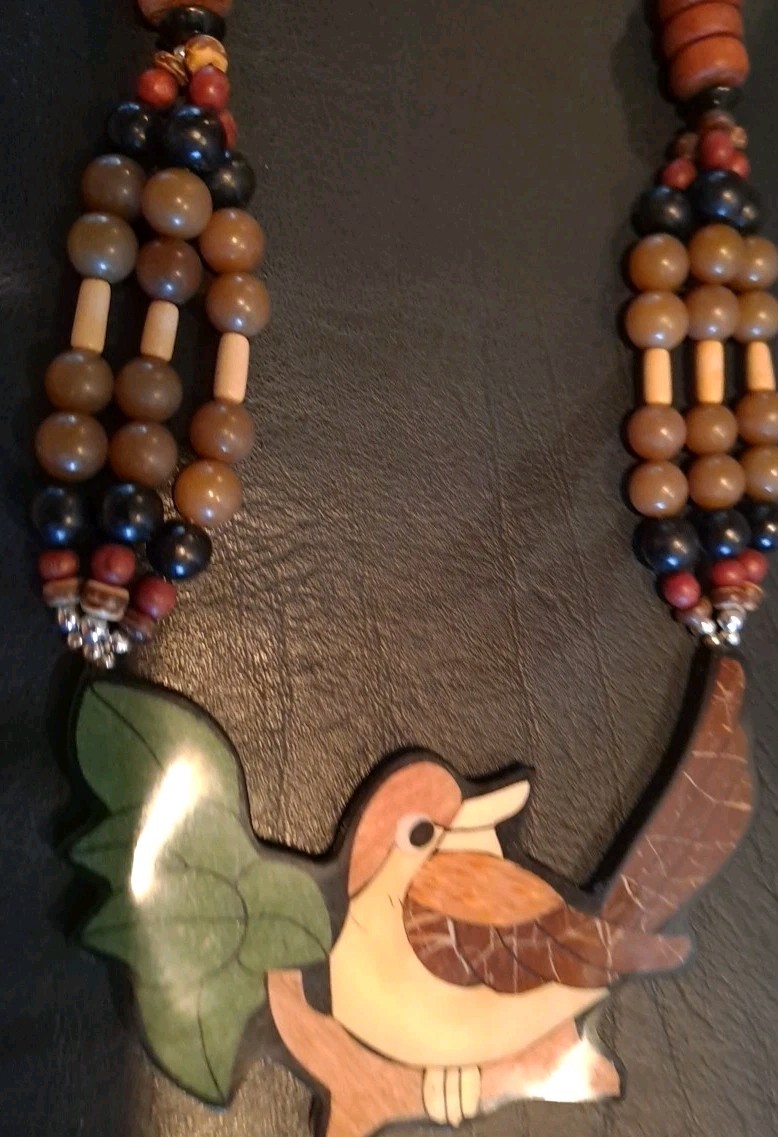 LEE SANDS WOOD INLAY MOSAIC Bird Necklace Vtg Lee Sands Necklace Bird Necklace