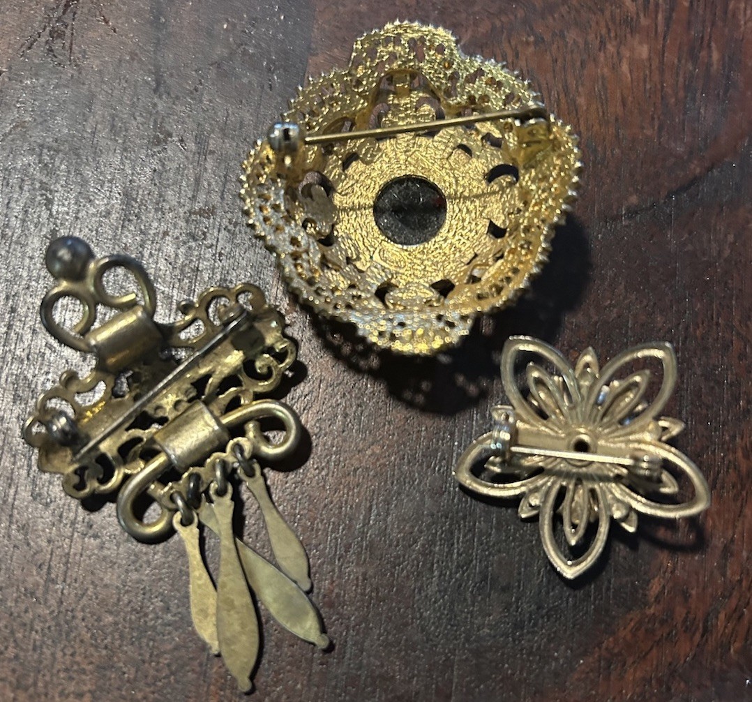 Three Antique Brooches Gold Tone with Rhinestones And Black Onyx Read Notes