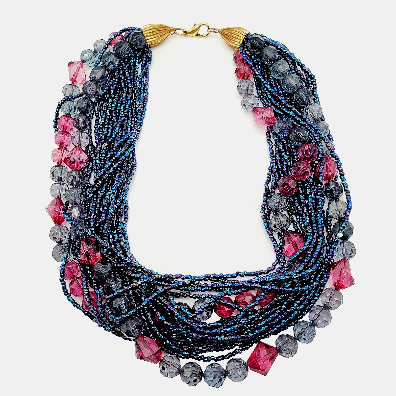 Purple and Deep Blue Iridescent Twist Multi Strand Glass Beaded Vintage Necklace