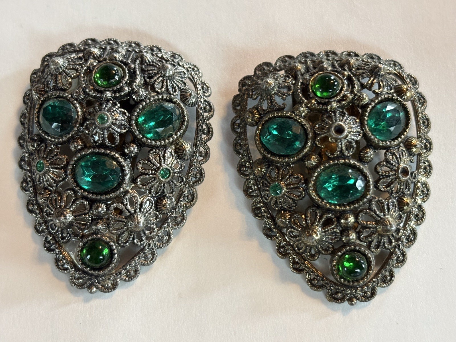 Pair Early 1900’s Vintage New England Glass Works Emeralds Green Dress Clips