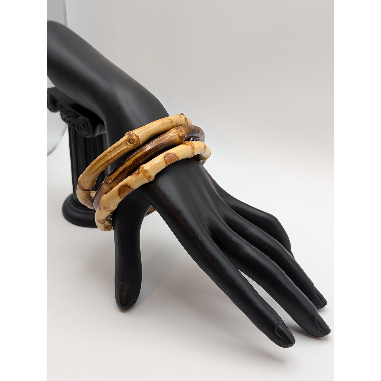 Vintage Faux Bamboo Bangle Bracelet Lot 3 Resin Acrylic Stackable Brown Beige